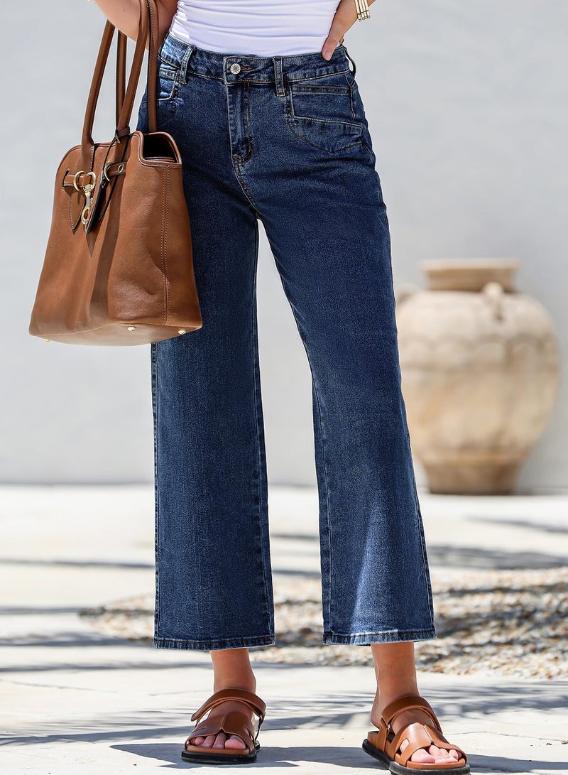 Sidefeel Women's Jeans High Waisted Wide Leg Jeans Stretchy Straight Leg Zimbaplatinum Ankle Denim Pants with Slant Pockets Dark Blue Size 6 - Image 5