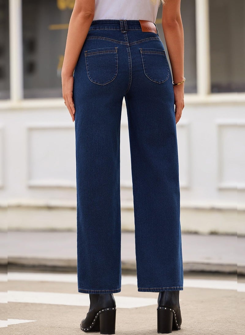Sidefeel Women's Jeans High Waisted Wide Leg Jeans Stretchy Straight Leg Zimbaplatinum Ankle Denim Pants with Slant Pockets Dark Blue Size 6 - Image 4
