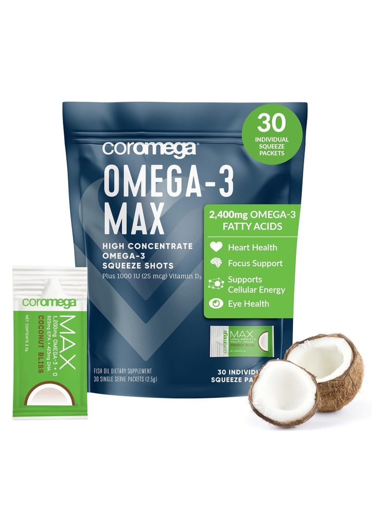 Coromega Omega-3 Fish Oil + Vitamin D Squeeze Packets Supports Brain & Heart Health 30 Servings, Coconut Bliss - Image 1