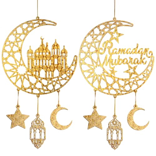 Hinsly 2 Pieces Eid Mubarak Door Sign Wooden Hanging Signs Ramadan Kareem Hollow Ornament Decorations Moon and Stars Moon Shape Ramadan Mubarak Party Wood Wall Hanger for Islamic Muslim Home Decor - Image 1