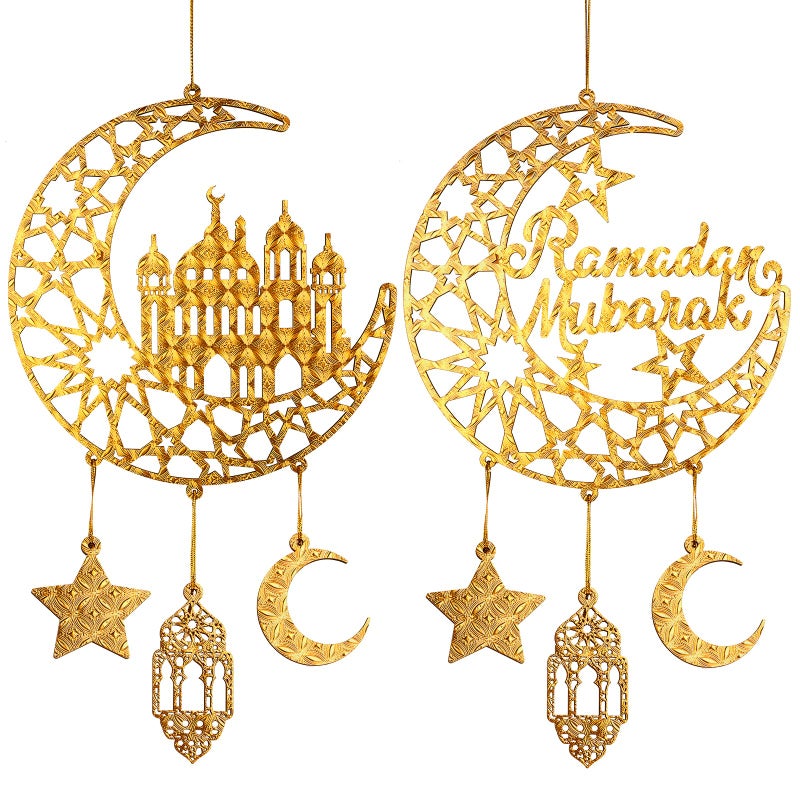 Hinsly 2 Pieces Eid Mubarak Door Sign Wooden Hanging Signs Ramadan Kareem Hollow Ornament Decorations Moon and Stars Moon Shape Ramadan Mubarak Party Wood Wall Hanger for Islamic Muslim Home Decor - Image 2