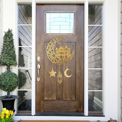 Hinsly 2 Pieces Eid Mubarak Door Sign Wooden Hanging Signs Ramadan Kareem Hollow Ornament Decorations Moon and Stars Moon Shape Ramadan Mubarak Party Wood Wall Hanger for Islamic Muslim Home Decor - Image 3