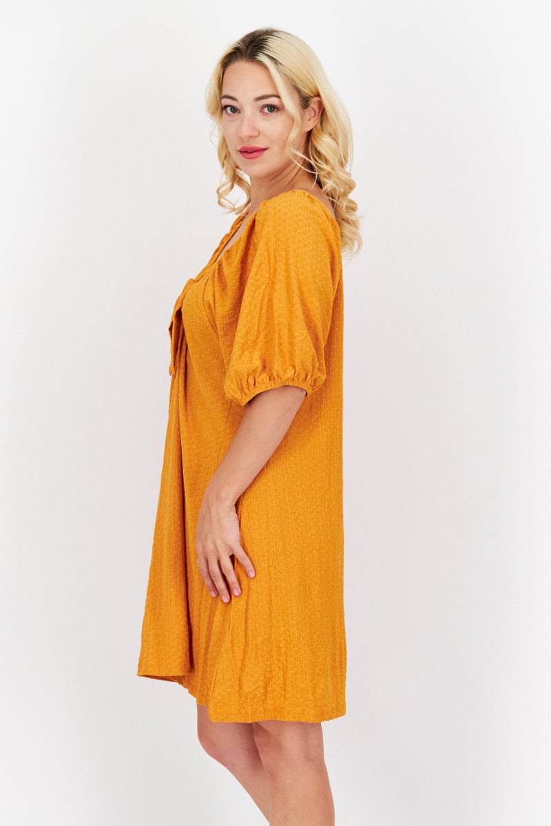 MANGO Women Textured Puffed Sleeve Mini Dress, Squash  - Image 3