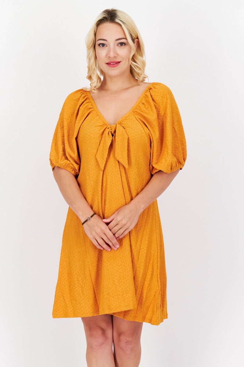 MANGO Women Textured Puffed Sleeve Mini Dress, Squash  - Image 4