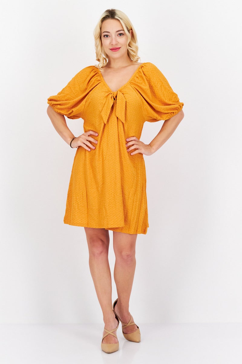 MANGO Women Textured Puffed Sleeve Mini Dress, Squash  - Image 1