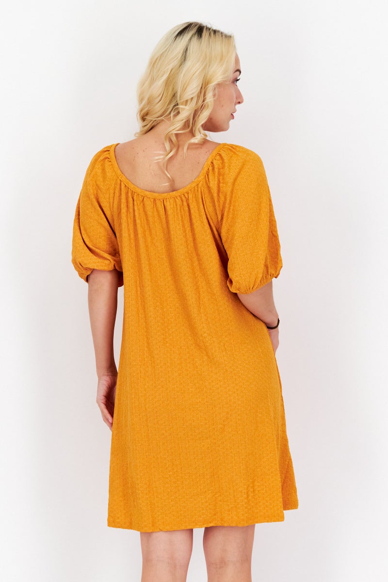 MANGO Women Textured Puffed Sleeve Mini Dress, Squash  - Image 2