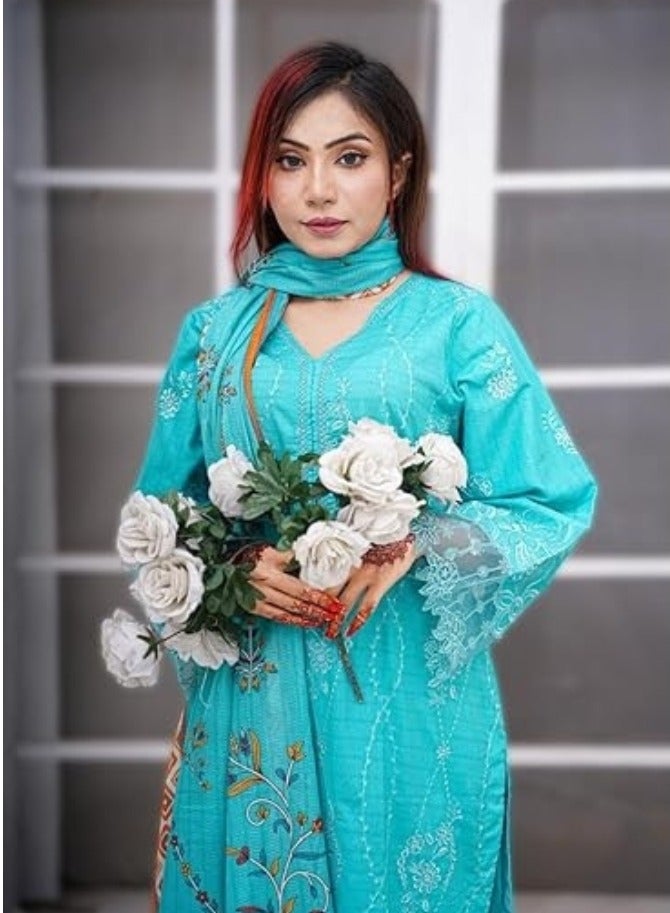 وينشيلز بدلة باكستانية تقليدية مطرزة باللون الفيروزي، مكونة من ثلاث قطع - تصميم زهور، وأكمام طويلة، ووشاح مطابق باللون الأخضر المائي - مقاس متوسط - Image 3