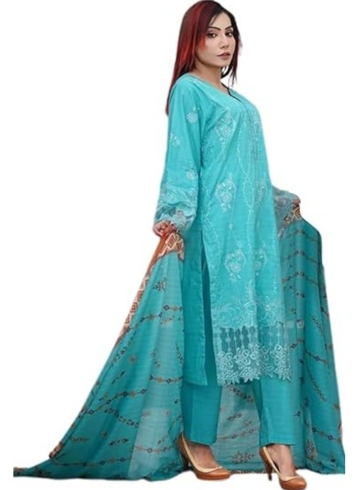 وينشيلز بدلة باكستانية تقليدية مطرزة باللون الفيروزي، مكونة من ثلاث قطع - تصميم زهور، وأكمام طويلة، ووشاح مطابق باللون الأخضر المائي - مقاس متوسط - Image 1