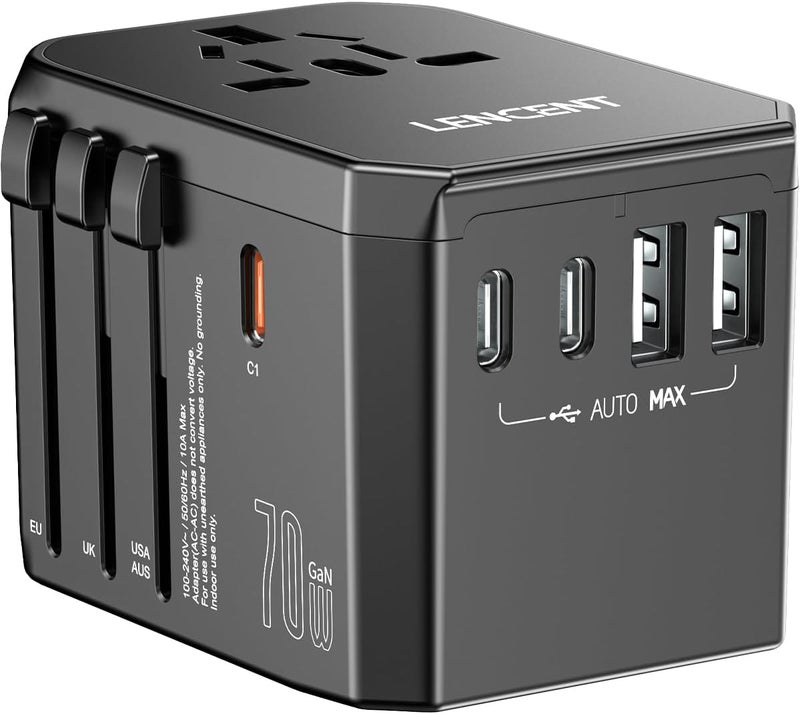 Lencent 70W Universal Travel Adapter, GaN International Fast Charger with 3 PD3.0 Type C+2 QC USB A, Worldwide Power Adapter for Phones,Laptops, All in One Travel Essentials for EU/USA/UK/AU - Image 1