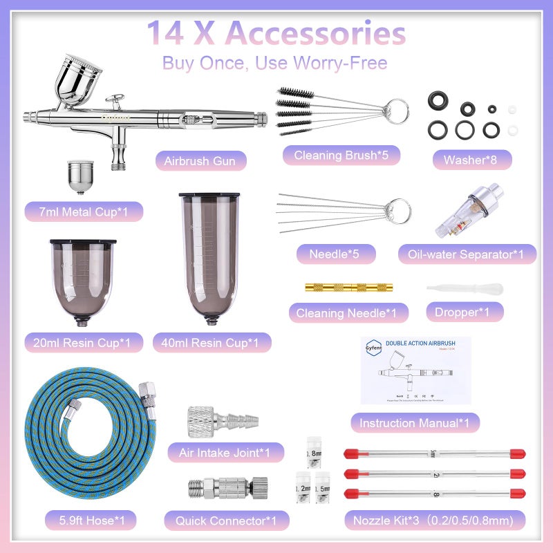 Gyfent Airbrush Kit, Airbrush Gun with 4 Quick-Release Nozzle Sets(0.2/0.3/0.5/0.8mm) Dual-Action Gravity Feed Air Brush with 1/4oz Fluid Cup & 20/40ml Resin Cup for Nail Art Painting Makeup Cake - Image 2