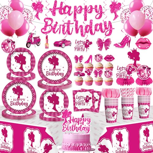 Yingoto 213Pcs Girl Birthday Decorations Serves 25 Dessert Lunch Paper Plates Balloons Napkins Paper Cups Tablecloth Cake Topper for 18th 21st Birthday Decorations for Girls - Image 1