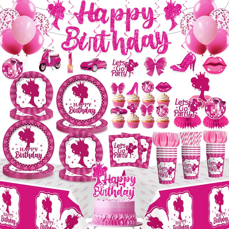 Yingoto 213Pcs Girl Birthday Decorations Serves 25 Dessert Lunch Paper Plates Balloons Napkins Paper Cups Tablecloth Cake Topper for 18th 21st Birthday Decorations for Girls - Image 2
