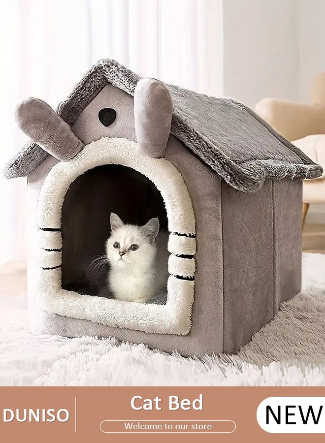 DUNISO Cat Beds for Indoor Cats, Cute Small Cat Cave Bed,  Bear Ear Semi-Enclosed, Foldable Dog Tent Bed with Removable Cushion Pillow, Soft Warm Dog House Be for Kittens Puppy Small Dogs, L-40*35*38CM - Image 1