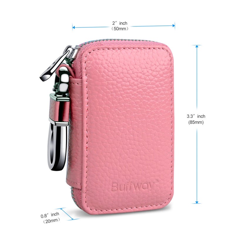 Buffway Car key Cover,Genuine Leather Car Smart Key Chain Coin Holder Metal Hook and Keyring Wallet Zipper Bag for Auto Remote Key Fob - Pink - Image 2