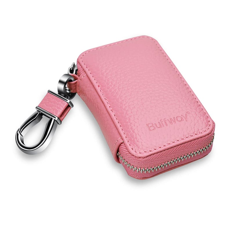 Buffway Car key Cover,Genuine Leather Car Smart Key Chain Coin Holder Metal Hook and Keyring Wallet Zipper Bag for Auto Remote Key Fob - Pink - Image 5