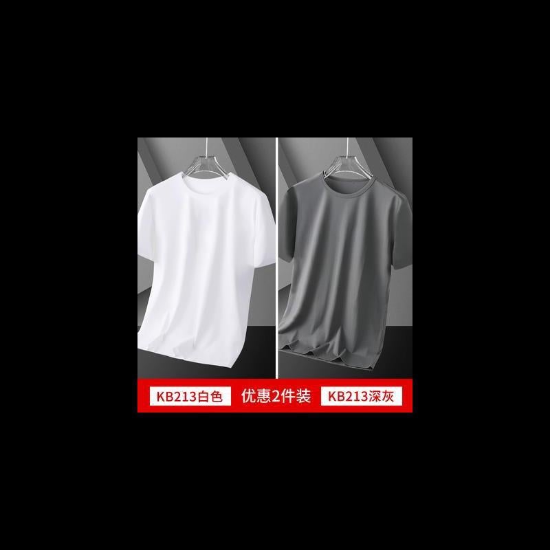 2 Pieces] Modal Ice Silk Short Sleeve T-Shirt Men's Summer Solid Color White Large Size Fashionable Base Shirt Top Half Sleeve - Image 5