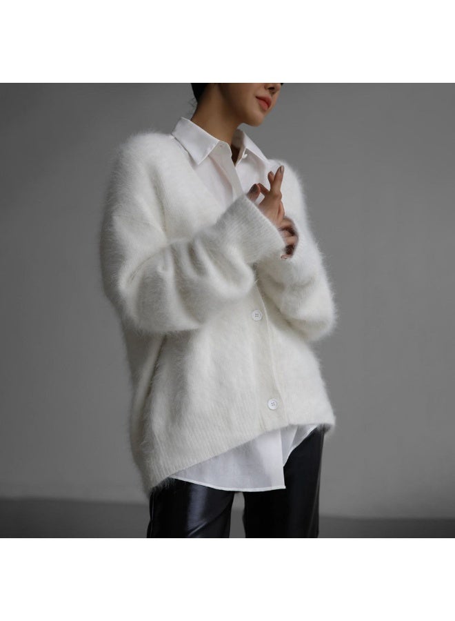 NIBEMINENT Women Autumn Fashion V-Neck Plush Knitted Cardigans Loose Solid Long Sleeves Single-Breasted Knit Outerwear Casual Daily Coat - Image 1