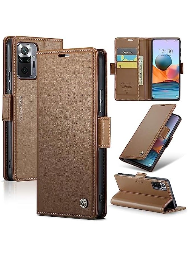 Xiaomi Redmi Note 10 Pro 4G\/Note 10 Pro Max Leather Flip Case - RFID Blocking, Slim Shockproof Wallet Cover with Card Holder, Kickstand, Cash Slot, Magnetic Closure (Brown)