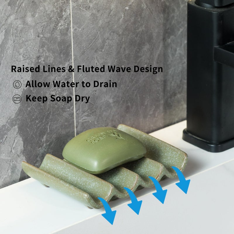 Cormomu Draining Ceramic Soap Dish - Fluted Design, Bar Soap Holder for Shower & Bathroom, Soap Saver Sponge Lift, Green - Image 3