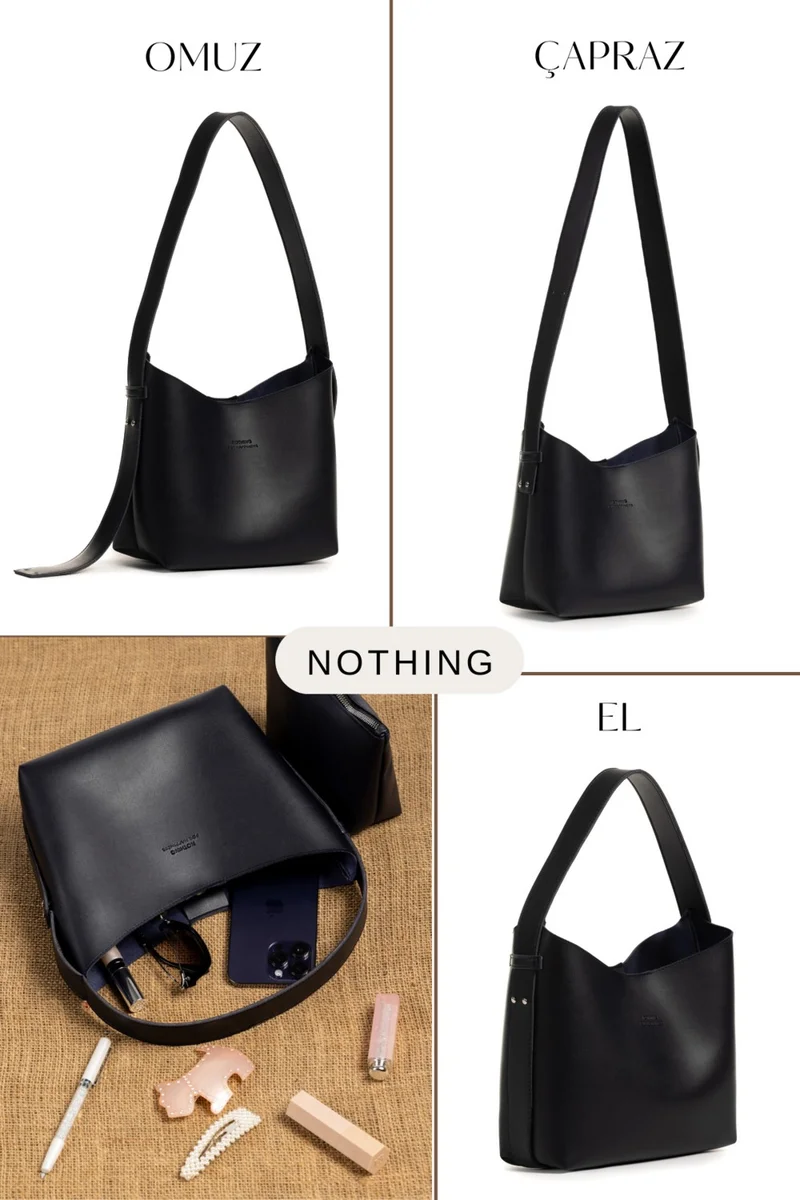 Nothing Women's Leather Snap Makeup Bag 3-Stage Design Adjustable Strap Hand, Shoulder and Crossbody Bag