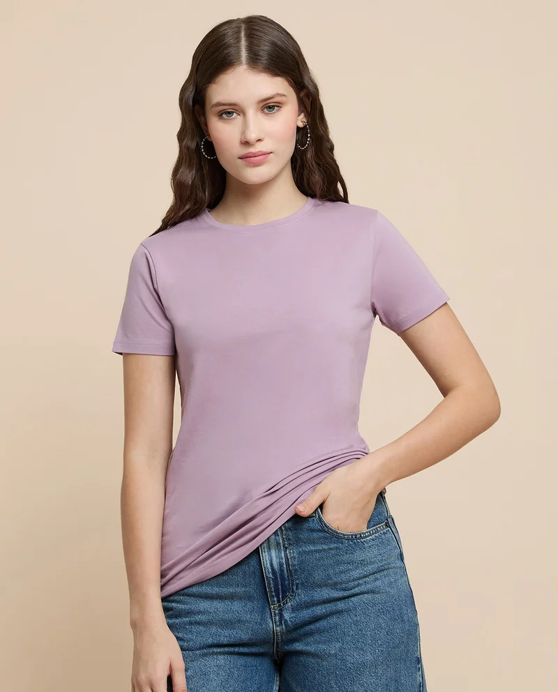 أر أند بي Solid T-Shirt with Crew Neck and Short Sleeves