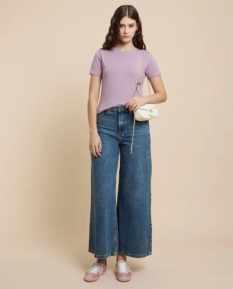أر أند بي Solid T-Shirt with Crew Neck and Short Sleeves