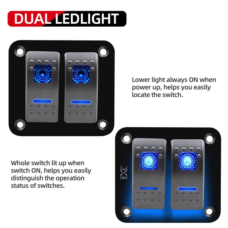 FXC Rocker Switch Aluminum Panel 2 Gang Toggle Switches Dash 5 Pin ON/Off 2 LED Backlit for Boat Car Marine Blue - Image 2