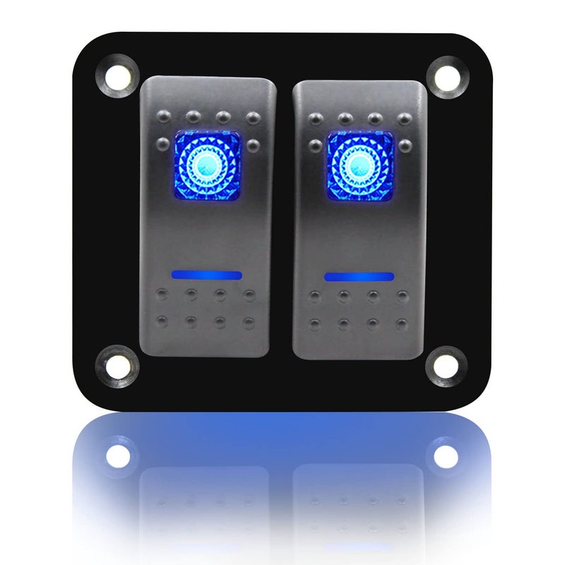 FXC Rocker Switch Aluminum Panel 2 Gang Toggle Switches Dash 5 Pin ON/Off 2 LED Backlit for Boat Car Marine Blue - Image 1