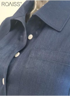 roaiss Women's Casual Denim Shirt Dress Loose Fit Button Closure Denim Dress with Pockets on Both Sides Lightweight Long  V-Neck High-Rise Dress  for Ladies Elegant Temperament Casual Outfit  - Image 3
