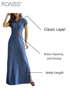 roaiss Women's Casual Denim Shirt Dress Loose Fit Button Closure Denim Dress with Pockets on Both Sides Lightweight Long  V-Neck High-Rise Dress  for Ladies Elegant Temperament Casual Outfit  - Image 5