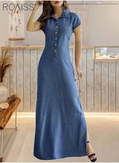 roaiss Women's Casual Denim Shirt Dress Loose Fit Button Closure Denim Dress with Pockets on Both Sides Lightweight Long  V-Neck High-Rise Dress  for Ladies Elegant Temperament Casual Outfit  - Image 4