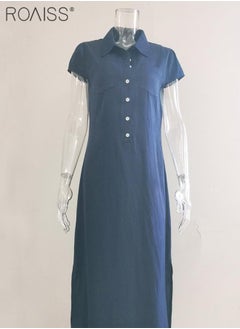 roaiss Women's Casual Denim Shirt Dress Loose Fit Button Closure Denim Dress with Pockets on Both Sides Lightweight Long  V-Neck High-Rise Dress  for Ladies Elegant Temperament Casual Outfit  - Image 2