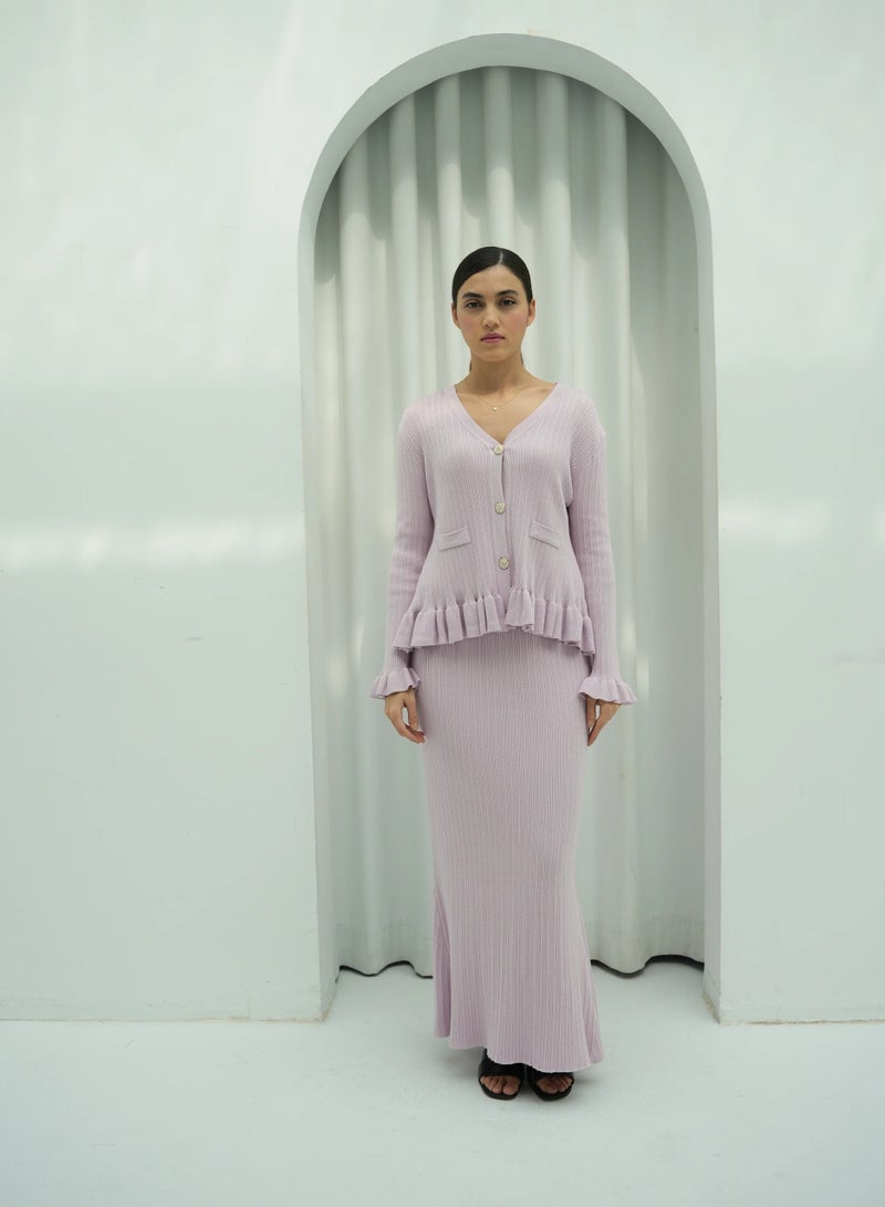Andy 2332 | Elegant Ribbed Cotton Knit Two-Piece Set with Button-Front Peplum Top and Flared Maxi Skirt | Pink - Image 1