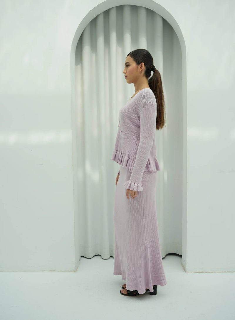 Andy 2332 | Elegant Ribbed Cotton Knit Two-Piece Set with Button-Front Peplum Top and Flared Maxi Skirt | Pink - Image 2