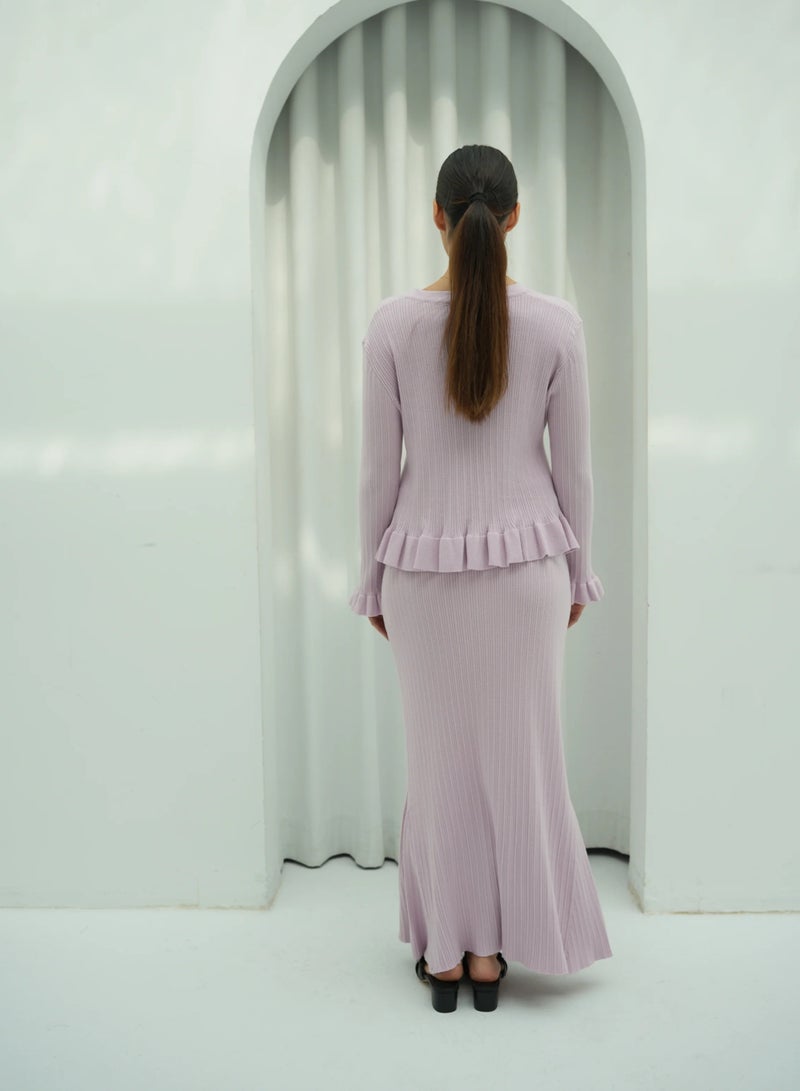 Andy 2332 | Elegant Ribbed Cotton Knit Two-Piece Set with Button-Front Peplum Top and Flared Maxi Skirt | Pink - Image 3