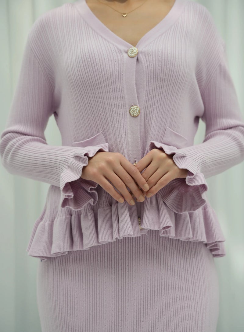 Andy 2332 | Elegant Ribbed Cotton Knit Two-Piece Set with Button-Front Peplum Top and Flared Maxi Skirt | Pink - Image 4