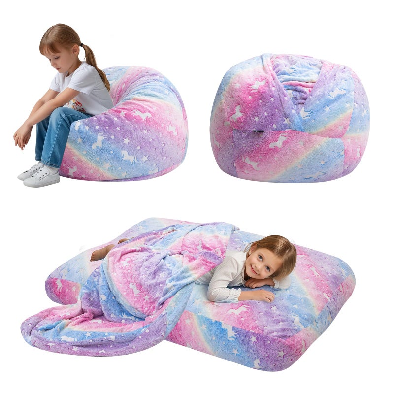 COMAX Bean Bag Chair for Kids, Toddler Beanbag Bed Unicorn, Convertible Children Bean Chair to Floor Mattress with Filler, Stuffed Child Bean Bags for Girl Boy Sleeping, Colorful Rainbow - Image 1