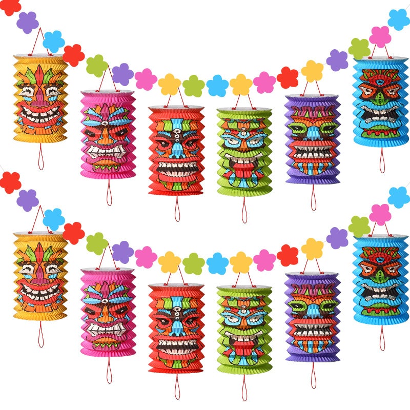 Hawaiian Luau Party Decorations Tiki and Flowers Lanterns Banners Tiki Luau Tropical Decor Summer Garland Lanterns Aloha Hanging Decoration for Summer Bars Festival Hawaiian Themed Parties2 Pcs