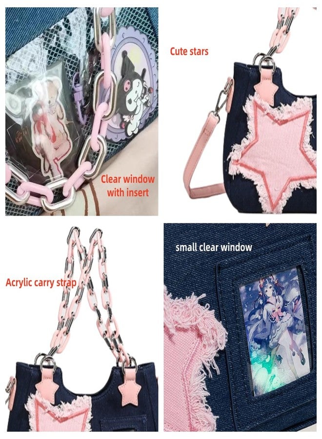 Vobomo Denim Stars Kawaii Single Shoulder Crossbody Bag Ita Bag Y2k Chains Handbag Aesthetic Cute Crossbody Bag (Dark Denim) - Image 4