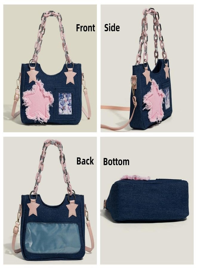 Vobomo Denim Stars Kawaii Single Shoulder Crossbody Bag Ita Bag Y2k Chains Handbag Aesthetic Cute Crossbody Bag (Dark Denim) - Image 3