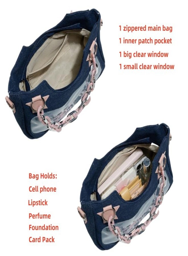 Vobomo Denim Stars Kawaii Single Shoulder Crossbody Bag Ita Bag Y2k Chains Handbag Aesthetic Cute Crossbody Bag (Dark Denim) - Image 5