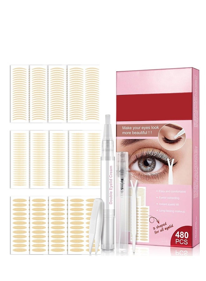 عام 480 قطعة من شرائط رفع الجفن المزدوجة غير المرئية، ملصقات فورية للجفن، أشرطة ألياف ذاتية اللصق للجفون الأحادية غير المستوية ذات القلنسوة، أدوات عين كبيرة مع قضبان شوكة وملاقط - Image 1