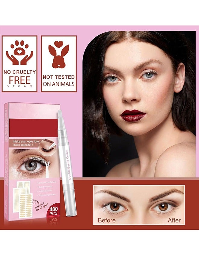 عام 480 قطعة من شرائط رفع الجفن المزدوجة غير المرئية، ملصقات فورية للجفن، أشرطة ألياف ذاتية اللصق للجفون الأحادية غير المستوية ذات القلنسوة، أدوات عين كبيرة مع قضبان شوكة وملاقط - Image 2