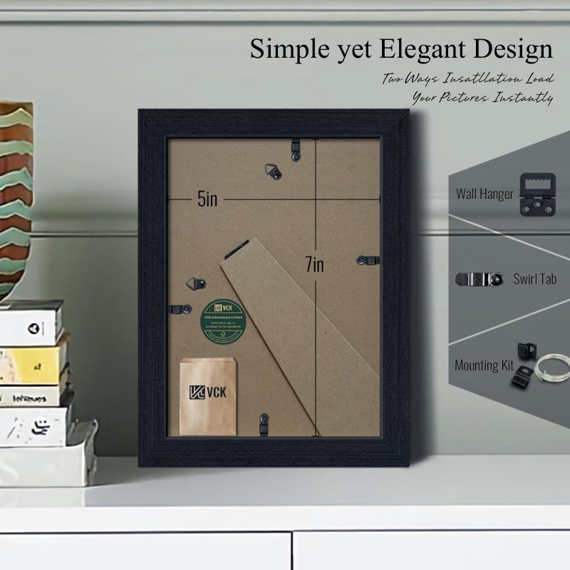 VCK 5x7 Picture Frame 2 Pack  Natural Wood Grain Black Oak & HD Glass  Display 4x6 Photos with Mat or 5x7 without Mat  Tabletop or Wall Hanging - Image 3