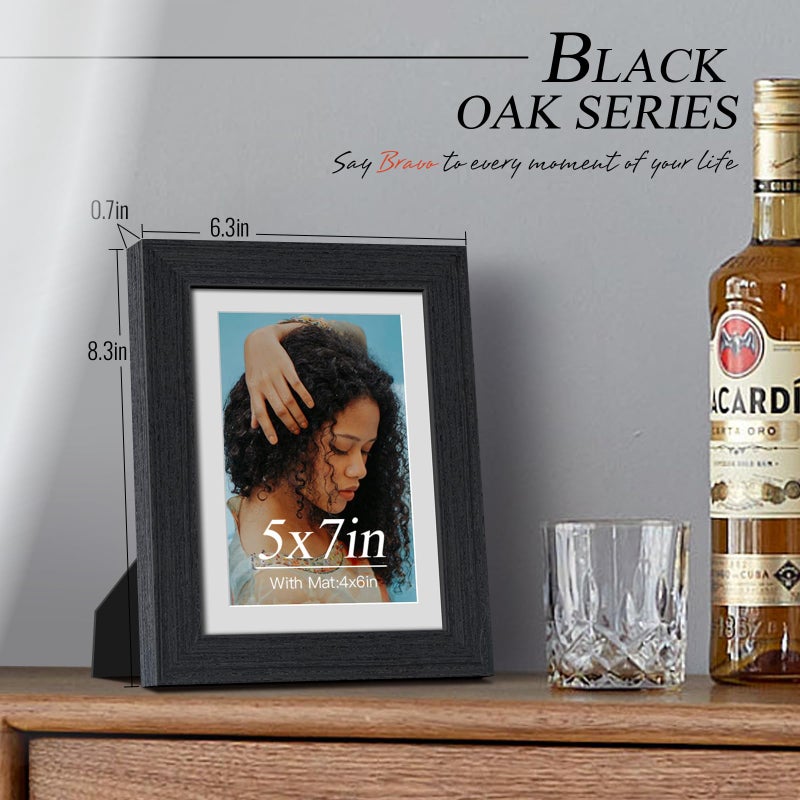 VCK 5x7 Picture Frame 2 Pack  Natural Wood Grain Black Oak & HD Glass  Display 4x6 Photos with Mat or 5x7 without Mat  Tabletop or Wall Hanging - Image 2