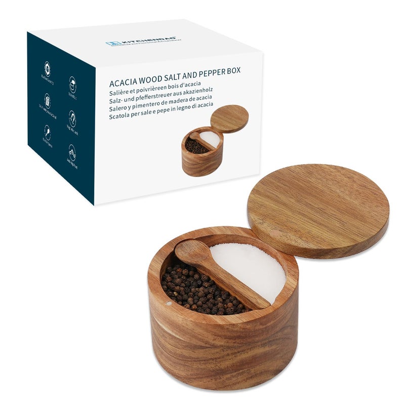 KITCHENDAO Acacia Wood Salt and Pepper Bowl Box, Built-in Spoon, Two Compartments Spice Seasoning Container, Sea Salt Cellar Holder, Magnetic Swivel Lid, Dual 5oz Capacity - Image 1