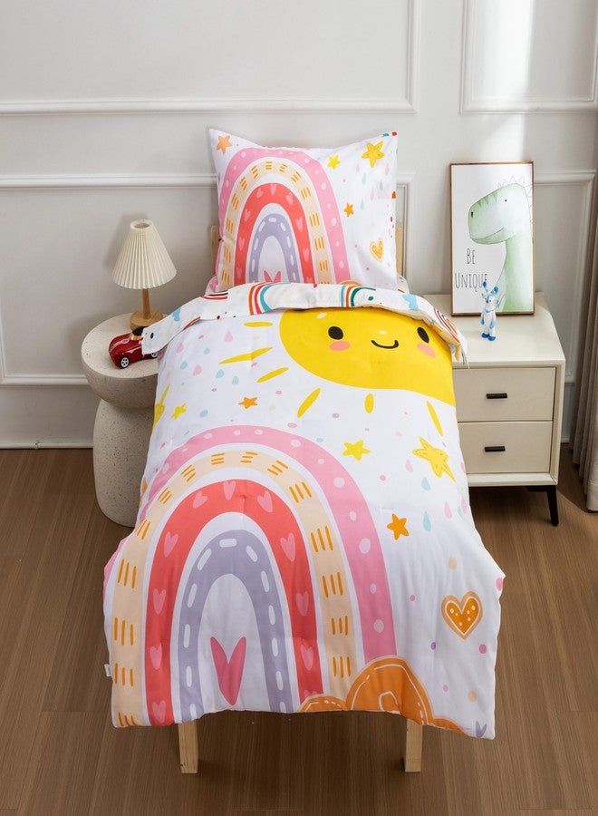 Btargot 4 Pieces Ultra Soft Toddler Rainbow Bedding Set, Cartoon Love Hearts Sun Stars and Raindrop Pattern Comforter Sets for Baby Girls Boys, Pink - Image 3