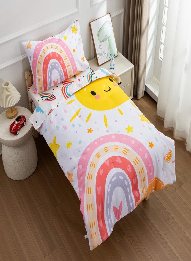 Btargot 4 Pieces Ultra Soft Toddler Rainbow Bedding Set, Cartoon Love Hearts Sun Stars and Raindrop Pattern Comforter Sets for Baby Girls Boys, Pink - Image 5