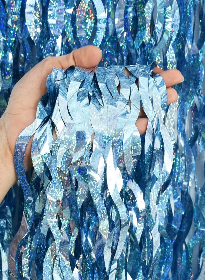 TONIFUL 3Pcs Wavy Metallic Tinsel Foil Fringe Curtains Light Blue Streamer Backdrop for Photo Booth Props,Party Door Wall Curtains,Bachelorette,Underwater World Birthday Party Decor (9.9ft x 6.6ft) - Image 3