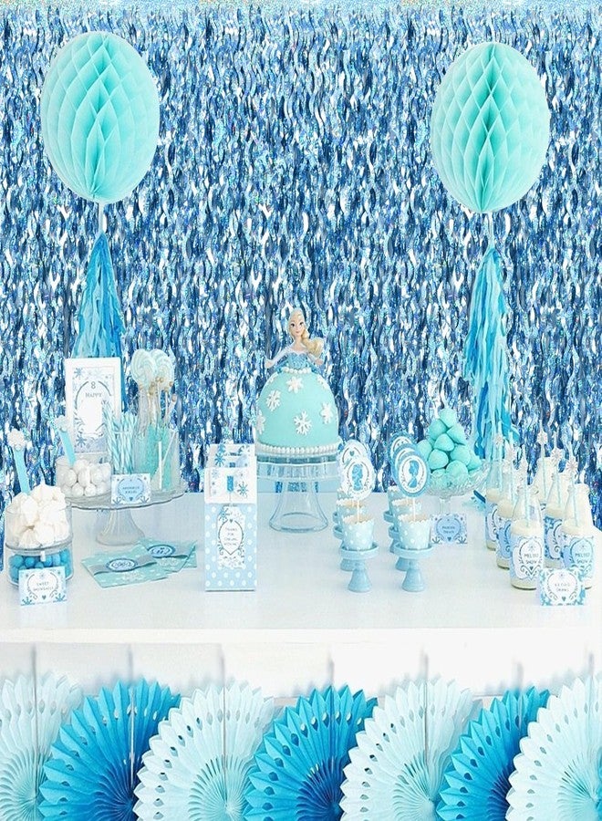 TONIFUL 3Pcs Wavy Metallic Tinsel Foil Fringe Curtains Light Blue Streamer Backdrop for Photo Booth Props,Party Door Wall Curtains,Bachelorette,Underwater World Birthday Party Decor (9.9ft x 6.6ft) - Image 4